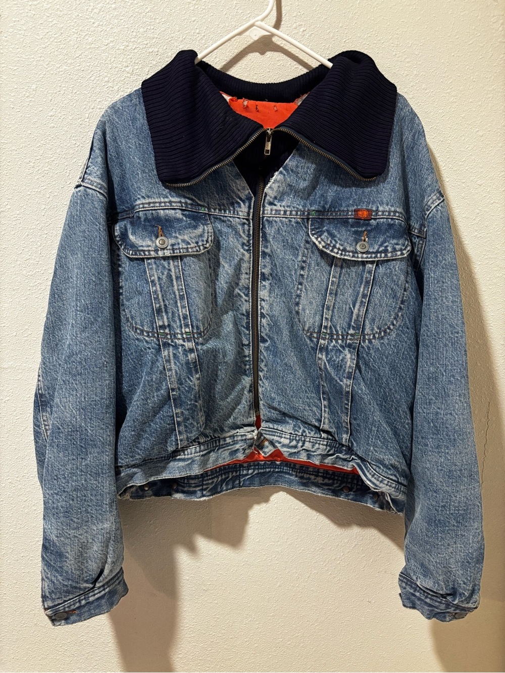 Denim Zip-Up Jacket with Navy Ribbed Collar